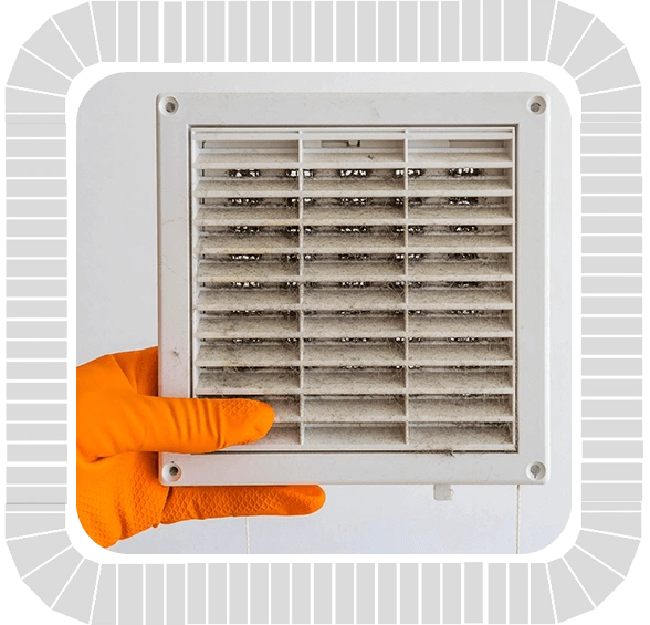 A hand holding a white air vent with an orange glove on it, highlighting EIGHTYEIGHT Air Duct & Carpet Cleaning.